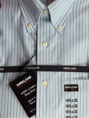 Kirkland Signature Men’s Green Stripe Dress Shirt Long Sleeve 16.5 32 Non Iron
